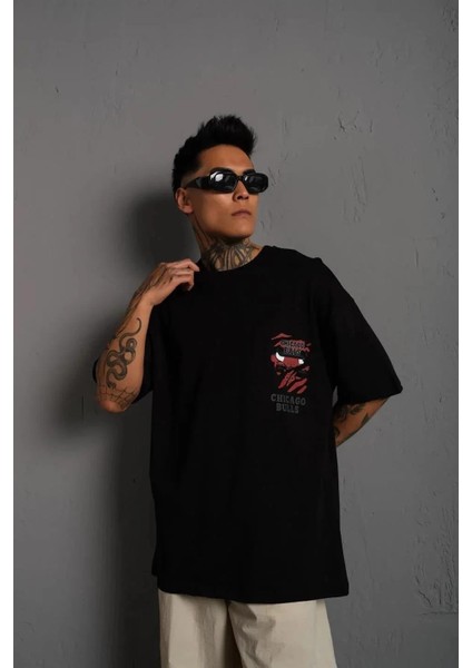 Erkek Sırt Baskılı A Kalite Oversize T-Shirt - Siyah