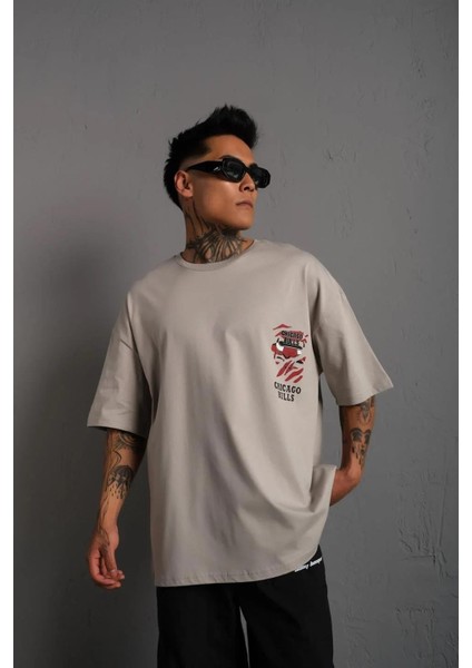 Erkek Sırt Baskılı A Kalite Oversize T-Shirt - Gri modelleri