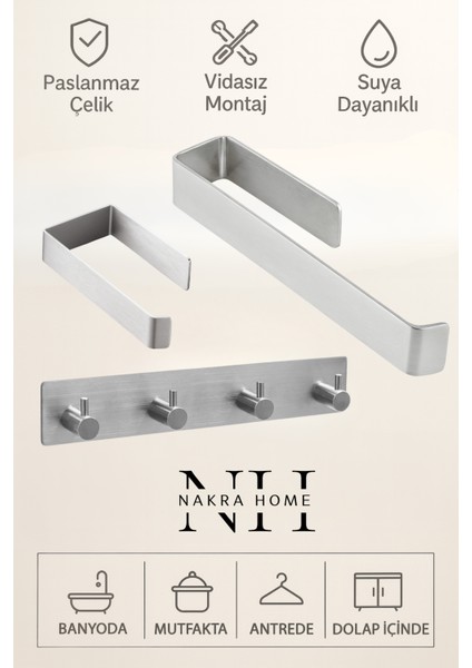 3'lü Set (Paslanmaz Çelik Yapışkanlı Havlu Askılığı, Tuvalet Kağıtlığı ve 4'lü Askılık) Yapışkanlı
