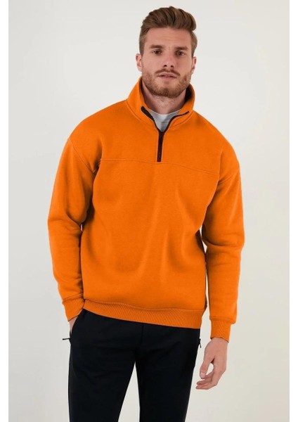 Oversize Yarım Farmuarlı Yakalı Basic Sweatshirt - Turuncu