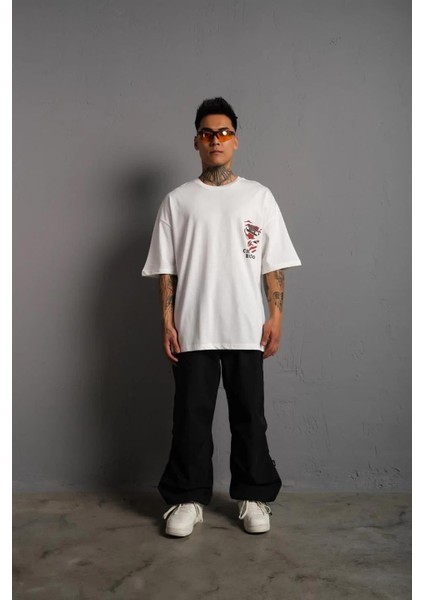 Erkek Sırt Baskılı A Kalite Oversize T-Shirt - Beyaz