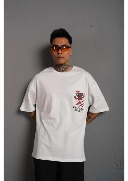 Erkek Sırt Baskılı A Kalite Oversize T-Shirt - Beyaz modelleri