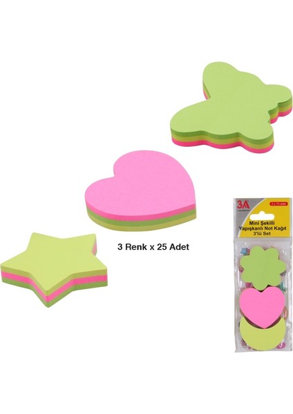 Yapışkanlı Not Kağıdı Mini Şekilli 3'lü Set (3 Renk x 25 Adet)