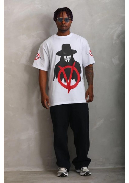 Unisex Oversize Baskılı Bisiklet Yaka T-Shirt - Beyaz