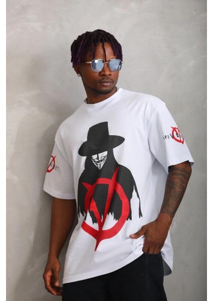 Unisex Oversize Baskılı Bisiklet Yaka T-Shirt - Beyaz fiyatları