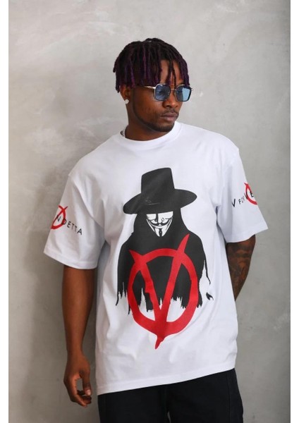 Unisex Oversize Baskılı Bisiklet Yaka T-Shirt - Beyaz modelleri