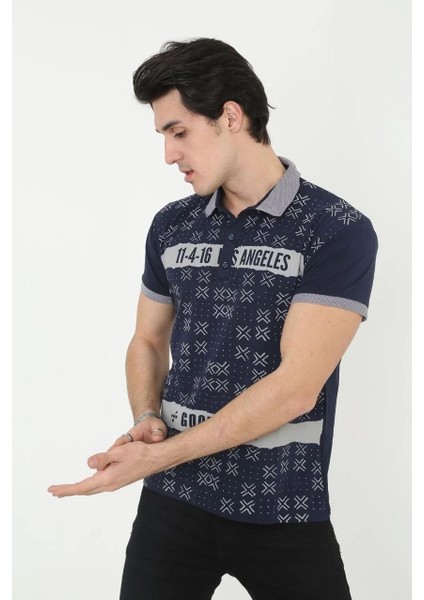 Erkek Yakalı Slim Fit Baskılı T-Shirt - Lacivert modelleri