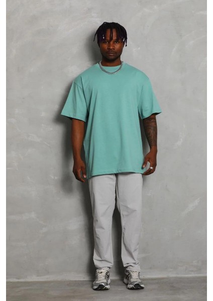Unisex Oversize Düz Bisiklet Yaka T-Shirt - Mint Yeşili fırsatları