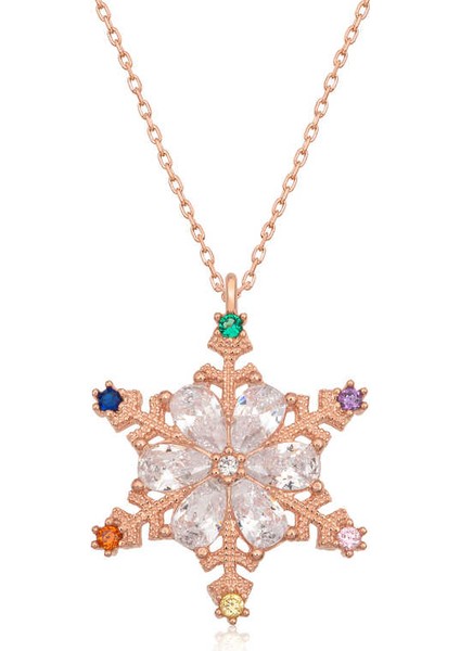 925 Ayar Gümüş Rose Renkli Taşlı Kar Tanesi Kadın Gümüş Kolye T7091 (800800) fiyatları