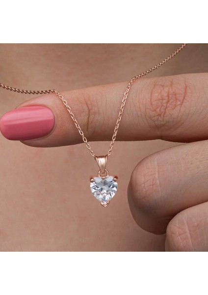 925 Ayar Gümüş Rose Beyaz Taşlı Kalpli Kadın Kolye T8607 (800800)