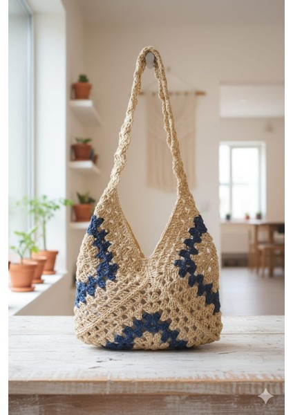 El Yapımı Iki Renk Motifli Kağıt Ip Kadın Kol Çantası