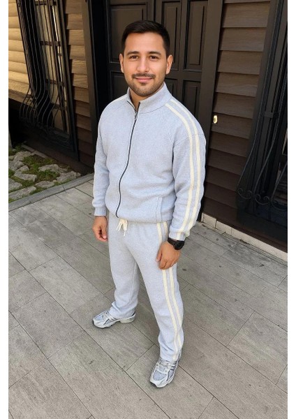 Erkek Çift Şeritli Eşofman Takım Dik Yaka Fermuarlı Sweatshirt Boru Paça Alt, Oversize 3 Iplik Pamuklu - Gri