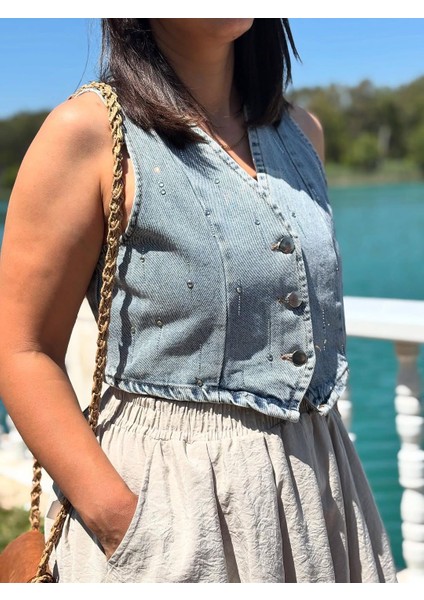 Taşlı Jean Yelek fırsatları