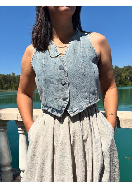 Taşlı Jean Yelek indirimleri