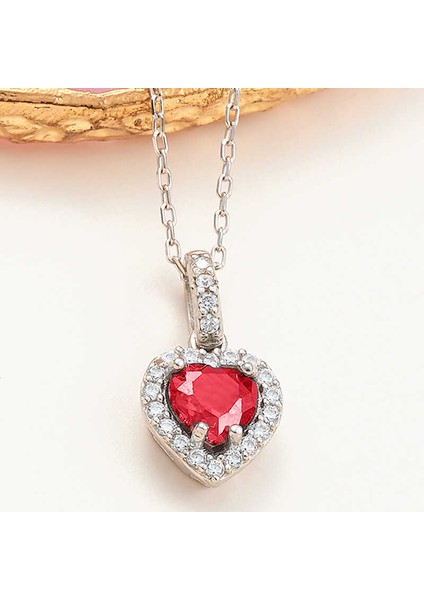 925 Ayar Gümüş Kırmızı Taşlı Kalpli Kadın Kolye T8053 (800800)