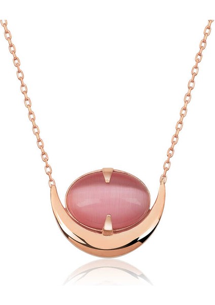 925 Ayar Gümüş Pembe Kedi Gözü Taşlı Hilal Kolye T4760 (800800)