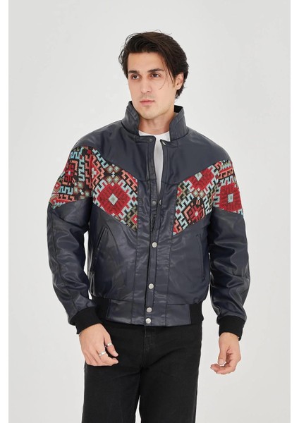 Erkek Içi Astarlı Içten Yaka Kısmı Peluşlu Suni Kumaş Vintage Ceket - Lacivert fiyatları