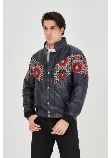 Erkek Içi Astarlı Içten Yaka Kısmı Peluşlu Suni Kumaş Vintage Ceket - Lacivert modelleri