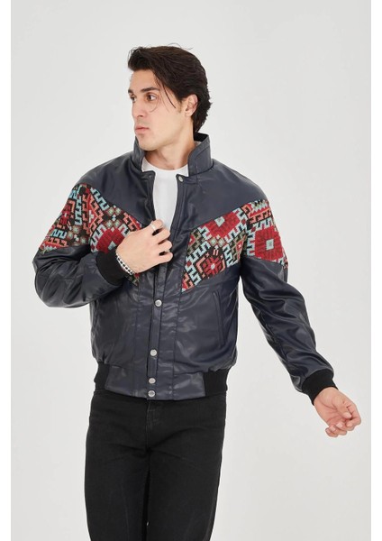 Erkek Içi Astarlı Içten Yaka Kısmı Peluşlu Suni Kumaş Vintage Ceket - Lacivert