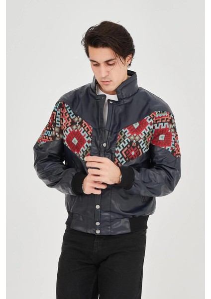 Erkek Içi Astarlı Içten Yaka Kısmı Peluşlu Suni Kumaş Vintage Ceket - Lacivert