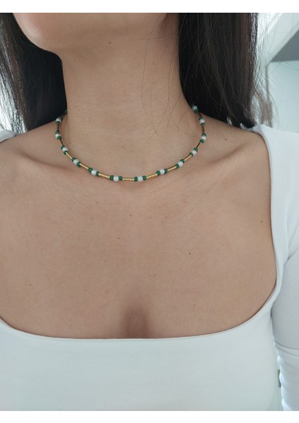 Gold Boncuklu Incili Boru Kolye