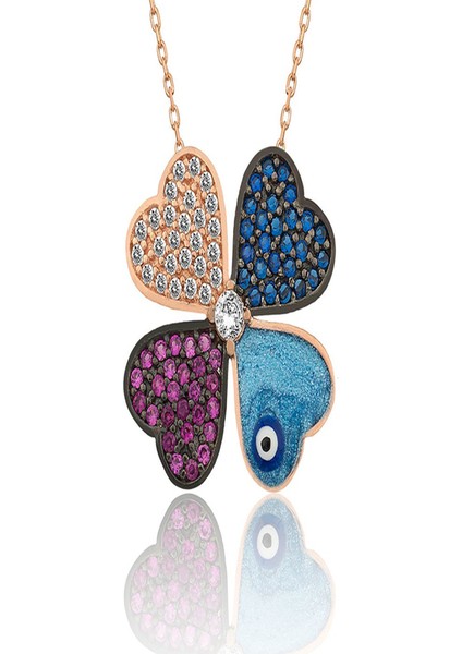 925 Ayar Gümüş Rose Dört Yapraklı Yonca Kadın Kolye T7671 (800800)