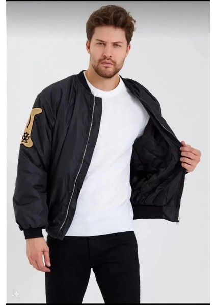 Erkek Siyah Bomber Kolej Mont – B Harfi ve Kemik Baskılı, Su Itici Kumaş, Kapitone Astarlı Fermuarlı Ceket - Siyah fiyatları