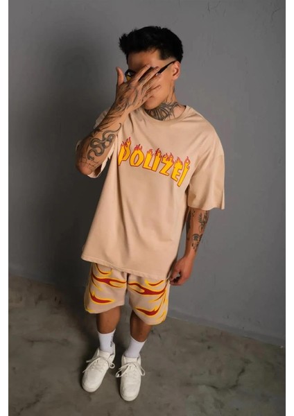 Erkek alev Baskılı Ikili Şortlu Takım - Bej