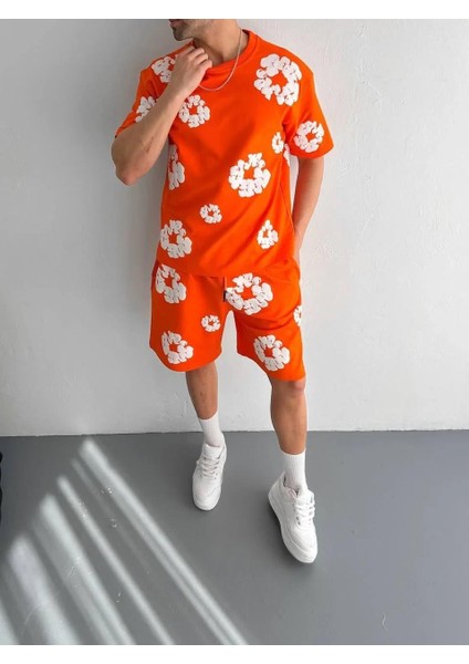 Iki Iplik Kumaş Baskılı T-Shirt Şortlu Takım- Turuncu