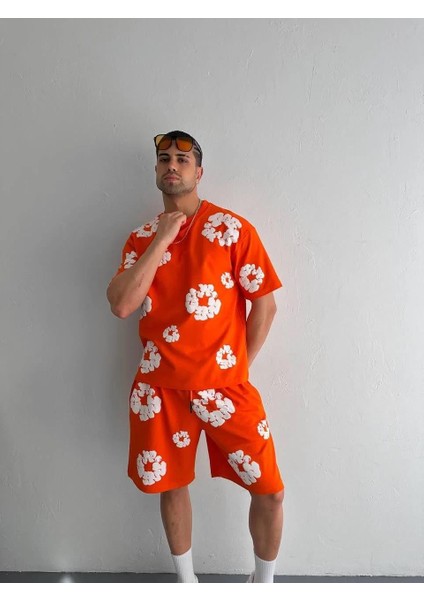 Iki Iplik Kumaş Baskılı T-Shirt Şortlu Takım- Turuncu fiyatları