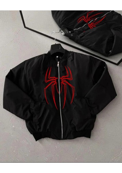 Örümcek Desenli Siyah Bomber Mont – Unisex Kullanıma Uygun, Fermuarlı Cepli, Kapitone Astarlı, Bahar Kış Günlük Giyim Için Moda Ceket Modeli - Siyah