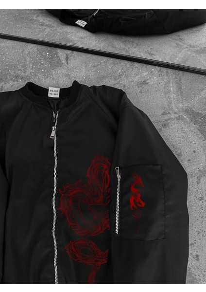 Erkek Unisex Siyah Bomber Mont – Kırmızı Ejderha Desenli, Fermuarlı Cepli, Kapitone Astarlı Günlük ve Sokak Modası Ceket - Siyah modelleri