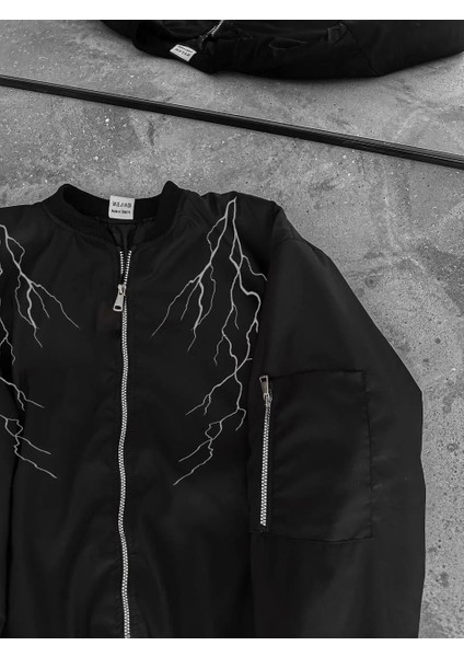 Unisex Siyah Bomber Mont – Beyaz Şimşek Desenli, Fermuarlı Cepli, Kapitone Astarlı Sokak Stili Günlük Ceket - Siyah modelleri