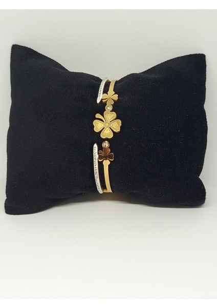 Beyaz Mineli Zirkon Taşlı Yonca Kelepçe Bileklik Altın Renk