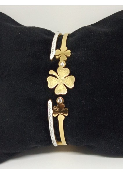 Beyaz Mineli Zirkon Taşlı Yonca Kelepçe Bileklik Altın Renk fiyatları