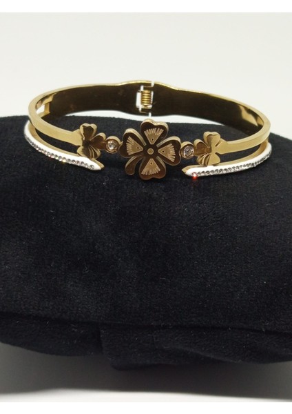 Beyaz Mineli Zirkon Taşlı Yonca Kelepçe Bileklik Altın Renk modelleri