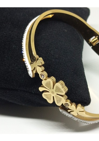 Beyaz Mineli Zirkon Taşlı Yonca Kelepçe Bileklik Altın Renk fırsatları