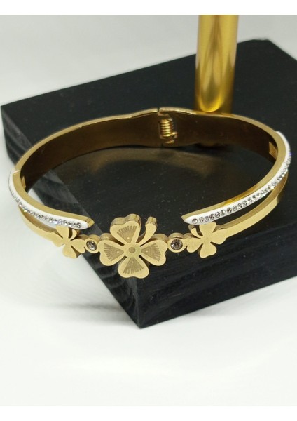 Beyaz Mineli Zirkon Taşlı Yonca Kelepçe Bileklik Altın Renk indirimleri