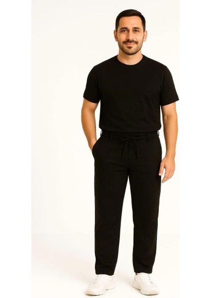 Erkek Diagonel Mikro Dokulu Cepli Pantolon - Siyah