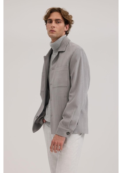 Gri Slim Fit Gömlek Yaka Mont