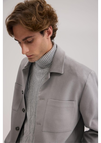 Gri Slim Fit Gömlek Yaka Mont