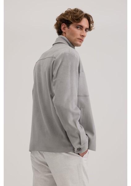Gri Slim Fit Gömlek Yaka Mont