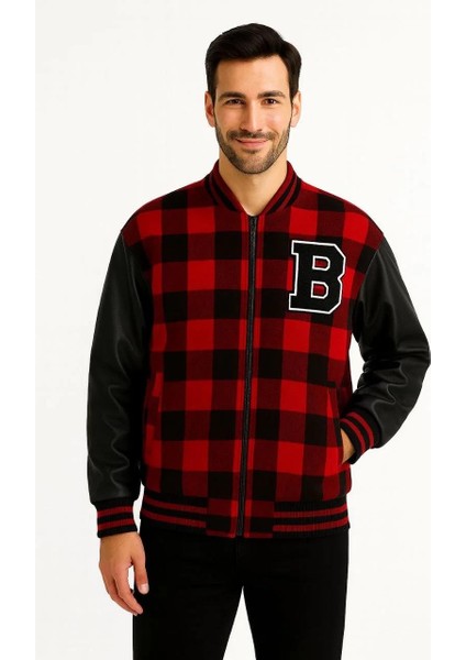 Erkek Kolej Ceket – Kareli Oduncu Kumaş, Kolları Suni Deri, Fermuarlı, Içi Kapitone Astarlı, Nakışlı Oversize Bahar & Kış Stil - Bordo