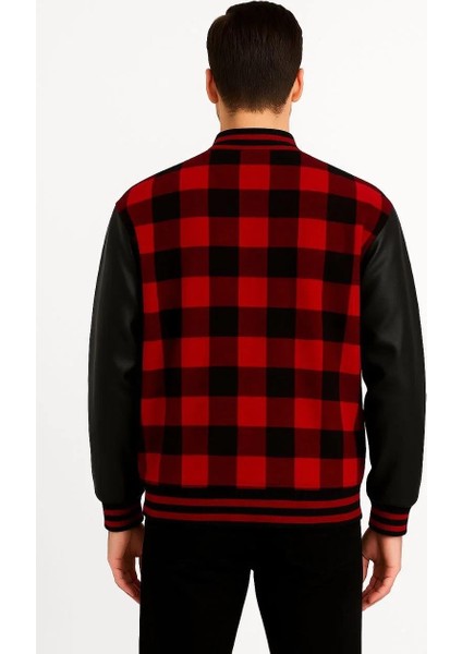 Erkek Kolej Ceket – Kareli Oduncu Kumaş, Kolları Suni Deri, Fermuarlı, Içi Kapitone Astarlı, Nakışlı Oversize Bahar & Kış Stil - Bordo fiyatları