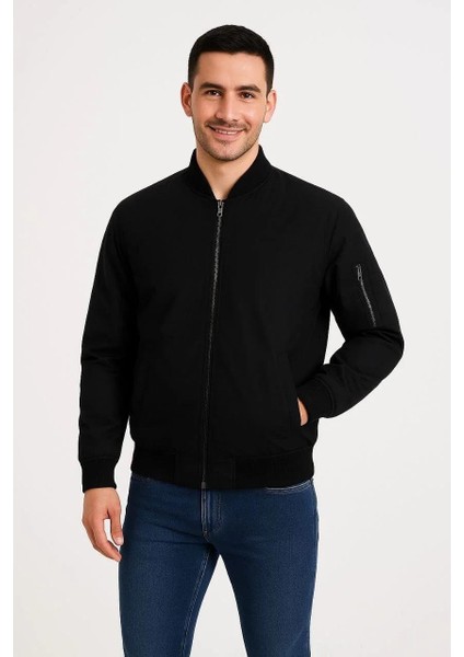 Erkek Bomber Mont Ceket – Fermuarlı, Kapitone Içi Astarlı, Su Itici Kumaş, Regular Fit, Uzun Kollu, Yandan Cepli, Bahar & Kış Rahat Günlük Stil - Siyah