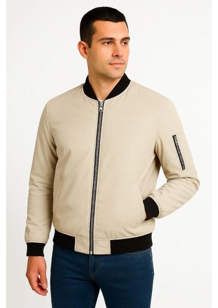 Erkek Bomber Mont Ceket – Fermuarlı, Kapitone Içi Astarlı, Su Itici Kumaş, Regular Fit, Uzun Kollu, Yandan Cepli, Bahar & Kış Rahat Günlük Stil - Bej
