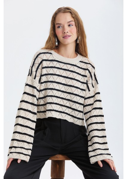 Çizgili Crop Triko Kazak Siyah - Bej