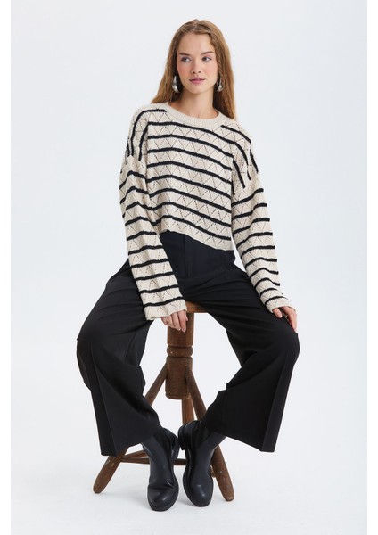 Çizgili Crop Triko Kazak Siyah - Bej fiyatları