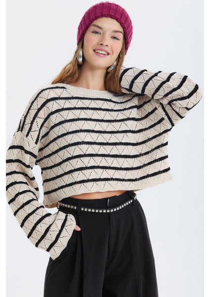Çizgili Crop Triko Kazak Siyah - Bej modelleri