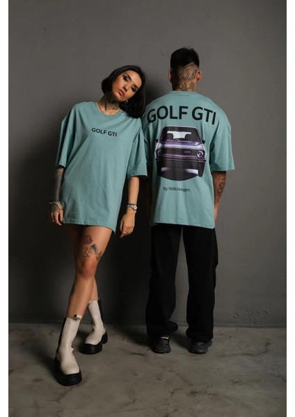 Erkek Oversize Baskılı Tişört – Golf Gtı Retro Araba Desenli, Ön & Arka Dijital Baskı, Sokak Modası Stil - Mint Yeşili indirimleri